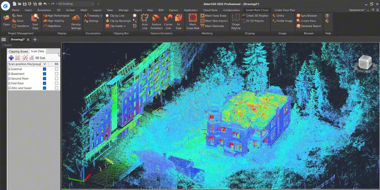Point Cloud Plugin en GstarCAD: edificio escaneado con la cinta de herramientas de Undet
